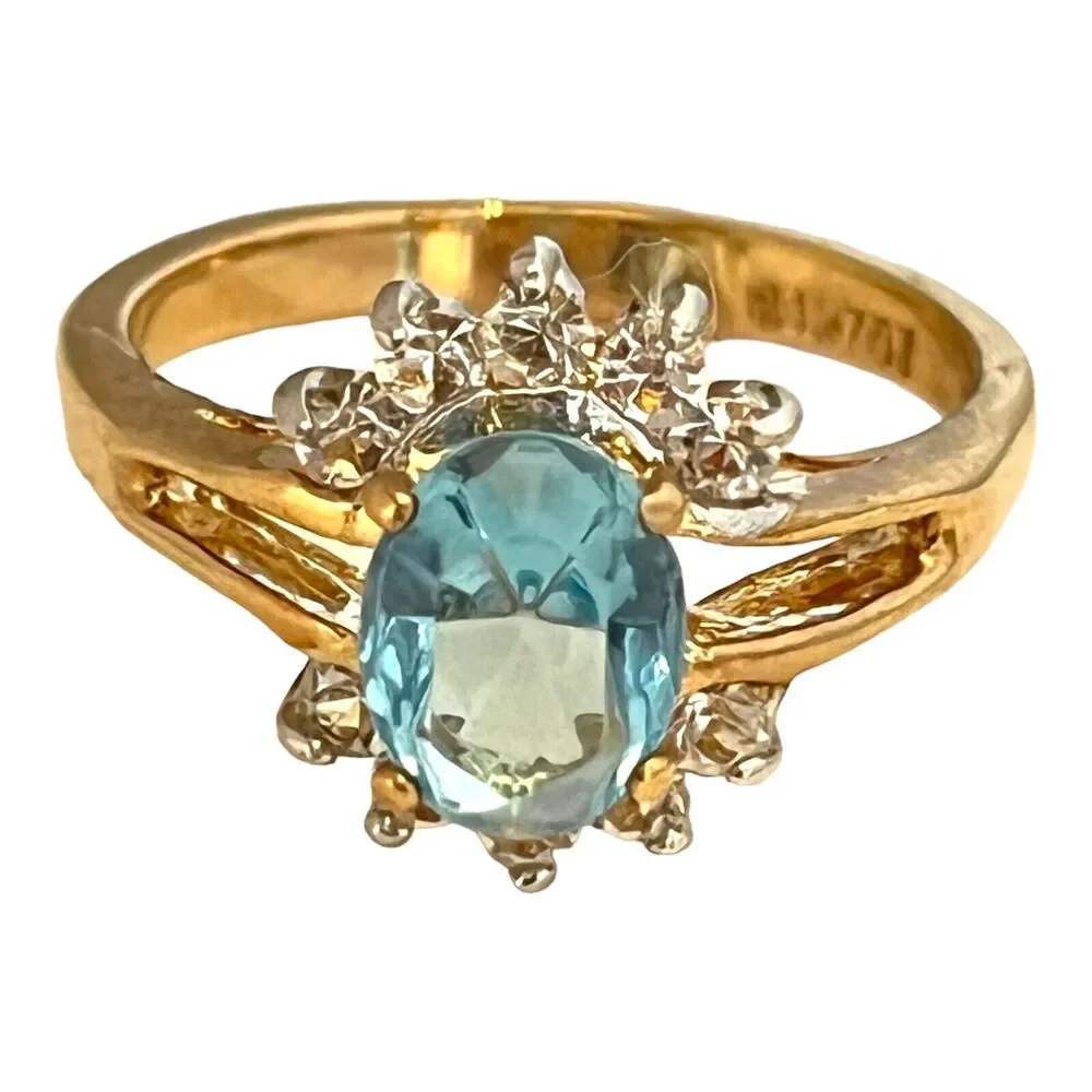 Vintage Ring Size 7 Blue CZ Cocktail Ring 14KT Gold Plate 14X